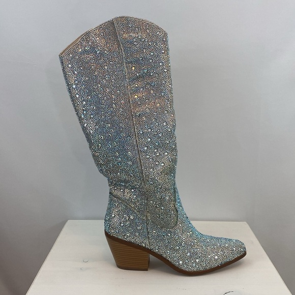 NWOT Rhinestone Cowgirl Boots  Sparkly Knee High Cowboy Boots Chunky Heel - Picture 4 of 9